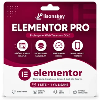 Elementor Pro lisans ürün görseli, WordPress sayfa oluşturucu eklentisi, profesyonel web tasarım ve tema oluşturma aracı