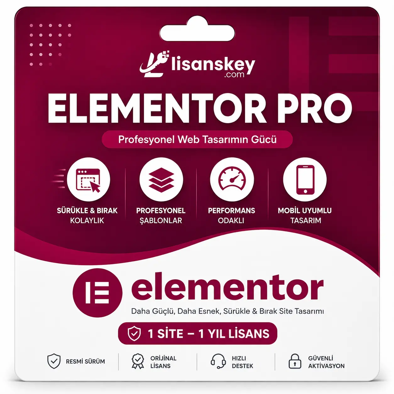 Elementor Pro lisans ürün görseli, WordPress sayfa oluşturucu eklentisi, profesyonel web tasarım ve tema oluşturma aracı
