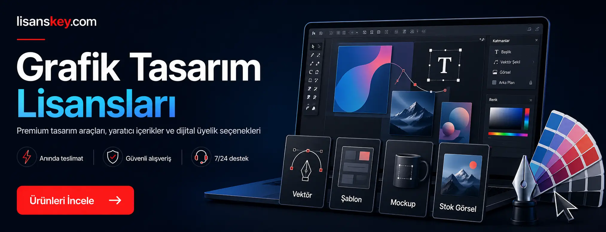 Lisanskey.com grafik tasarım lisansları slider görseli, premium tasarım araçları, dijital grafik kaynakları, stok içerik ve yaratıcı yazılım çözümleri