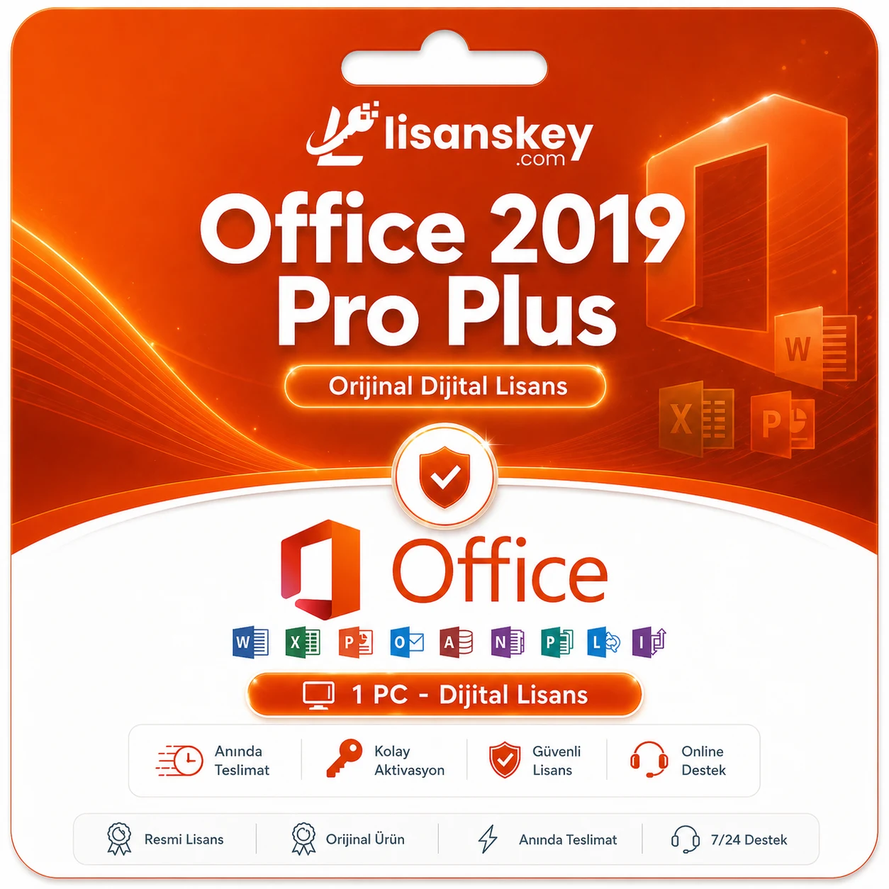 Office 2019 Pro Plus dijital lisans görseli, orijinal Microsoft Office 2019 ürün anahtarı ve kolay aktivasyon seçeneği
