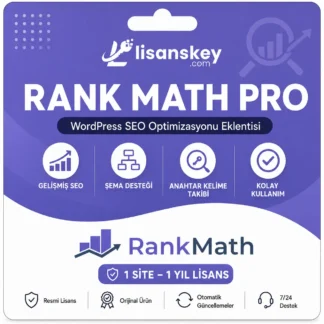 Rank Math Pro lisans ürün görseli, WordPress SEO eklentisi, arama motoru optimizasyonu ve gelişmiş SEO analiz aracı