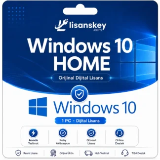 Windows 10 Home dijital lisans ürün görseli, orijinal Windows 10 Home lisans anahtarı ve anında teslimat avantajı