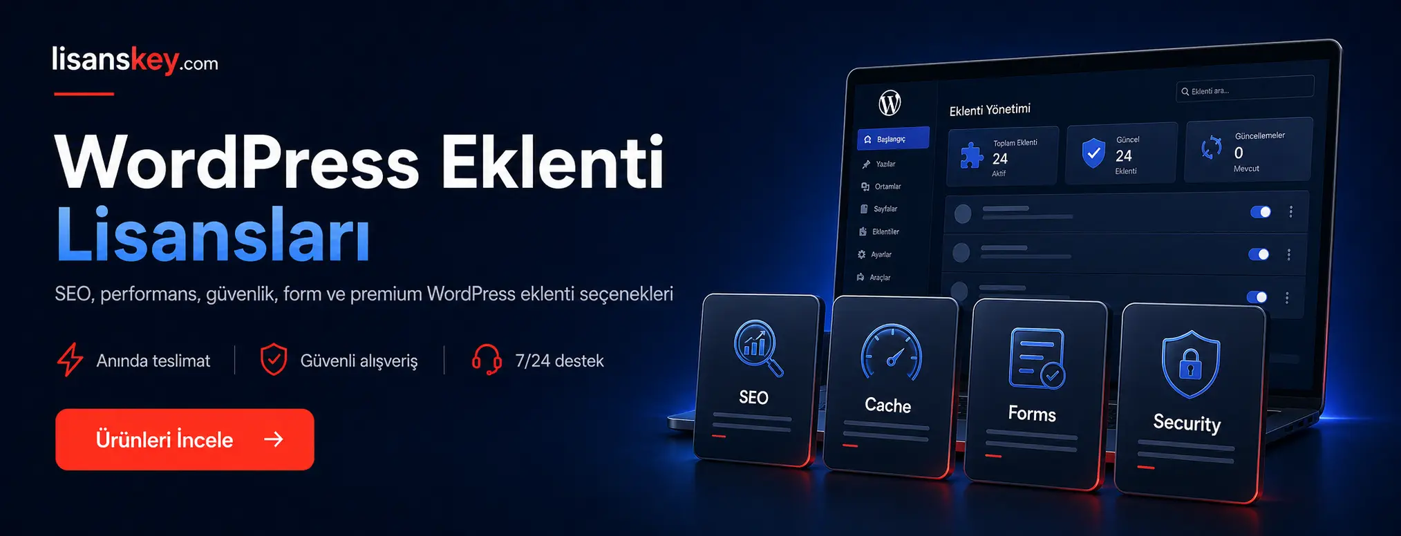 Lisanskey.com WordPress eklenti lisansları slider görseli, Elementor Pro, WP Rocket, Rank Math Pro, Schema Pro ve premium WordPress eklentileri