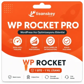 WP Rocket Pro lisans ürün görseli, WordPress hız optimizasyon eklentisi, cache performans aracı ve site hızlandırma çözümü